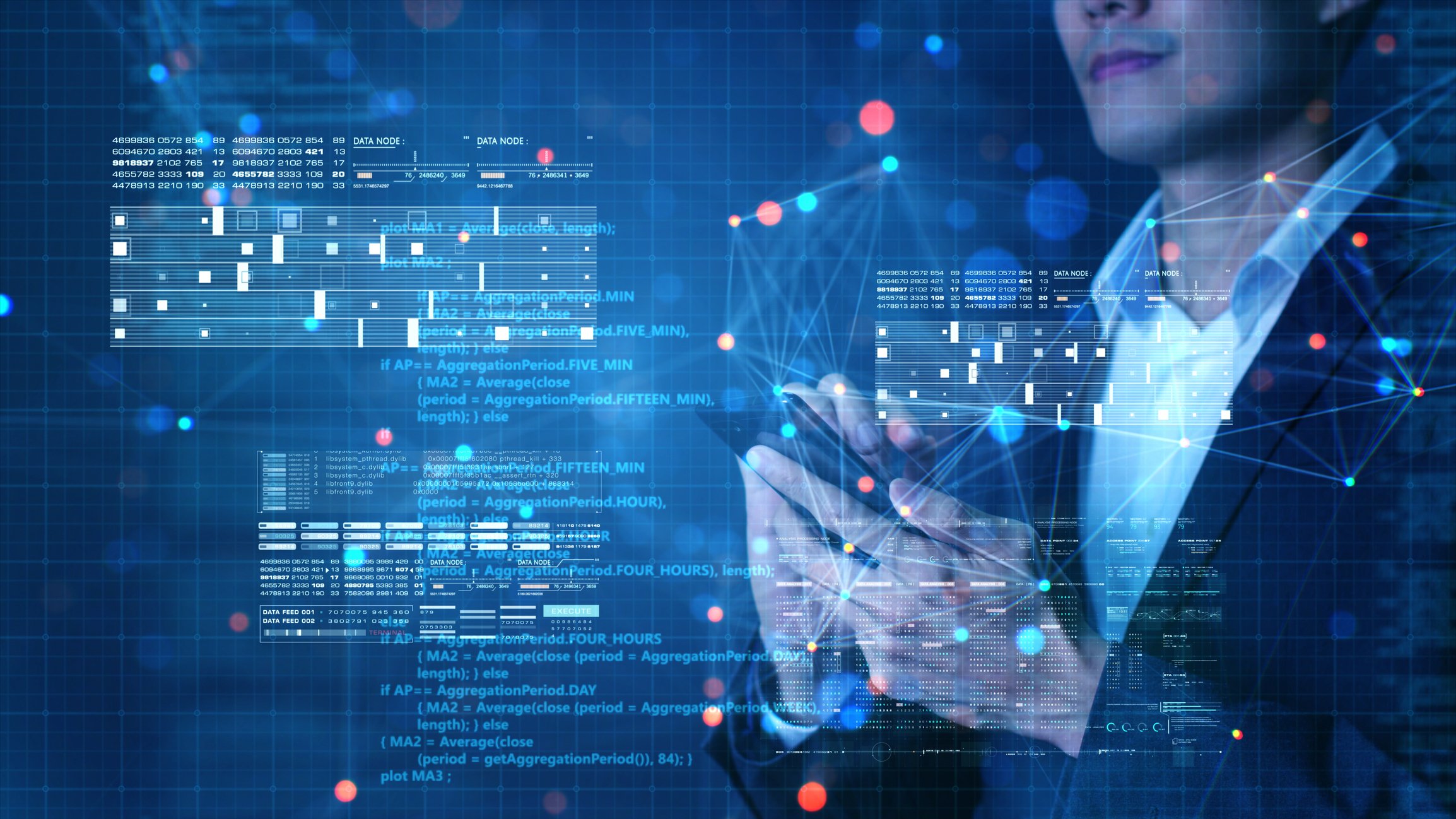 Person looks at their smart phone as we see images of data superimposed.