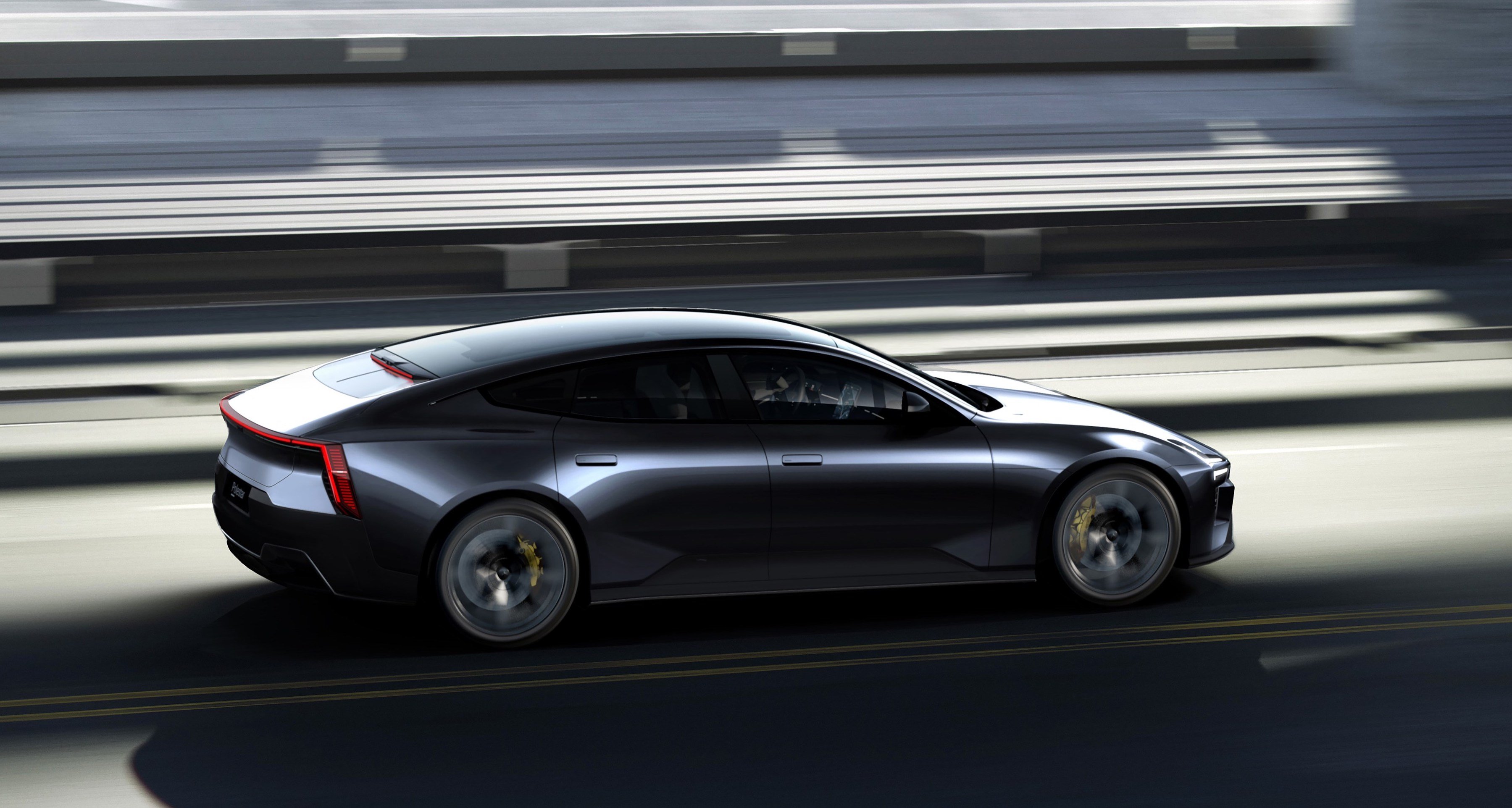 A prototype Polestar 5, a long and sleek electric sedan. 