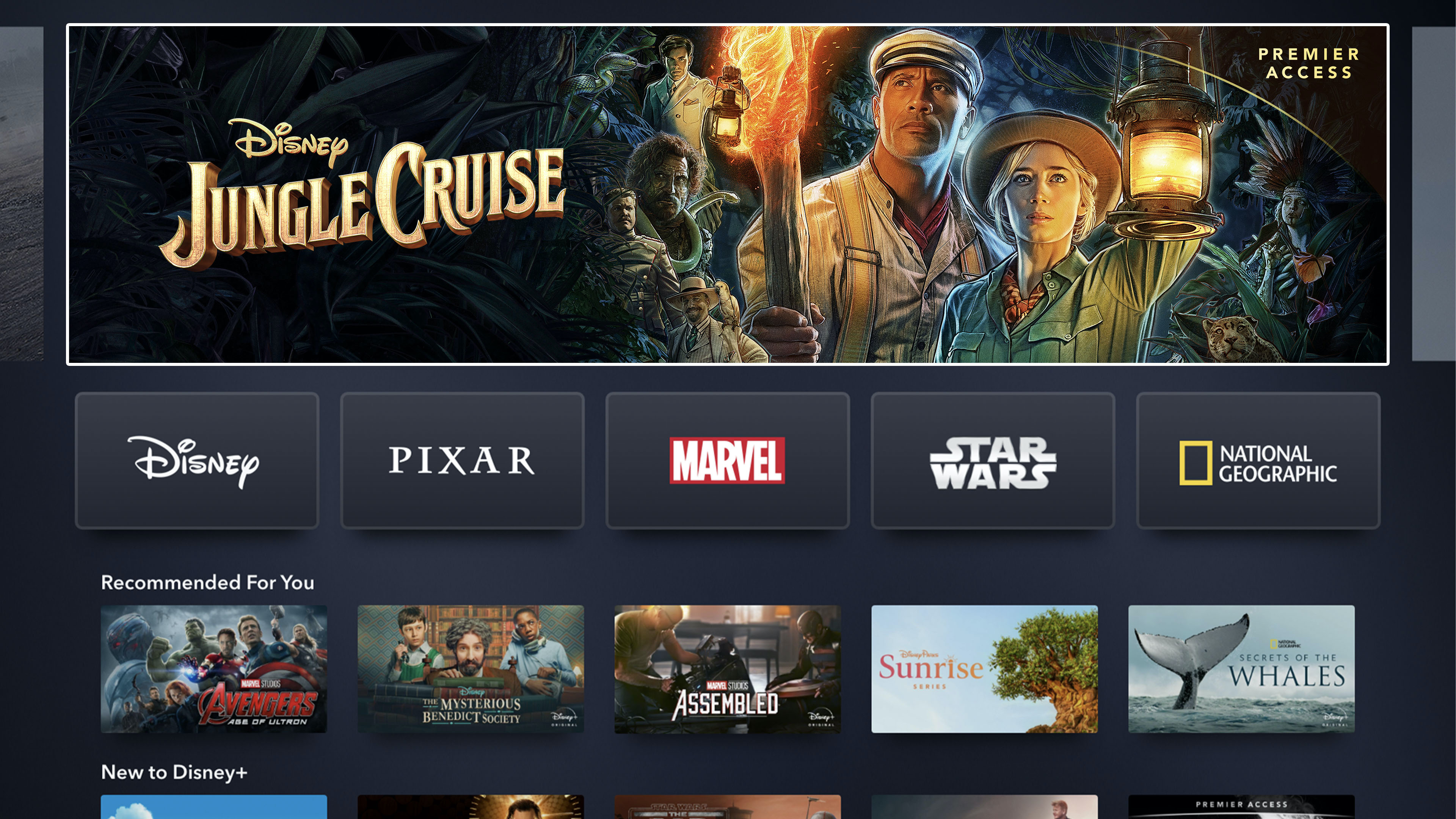 Disney+ homescreen on a connected TV featuring a banner for "Jungle Cruise."
