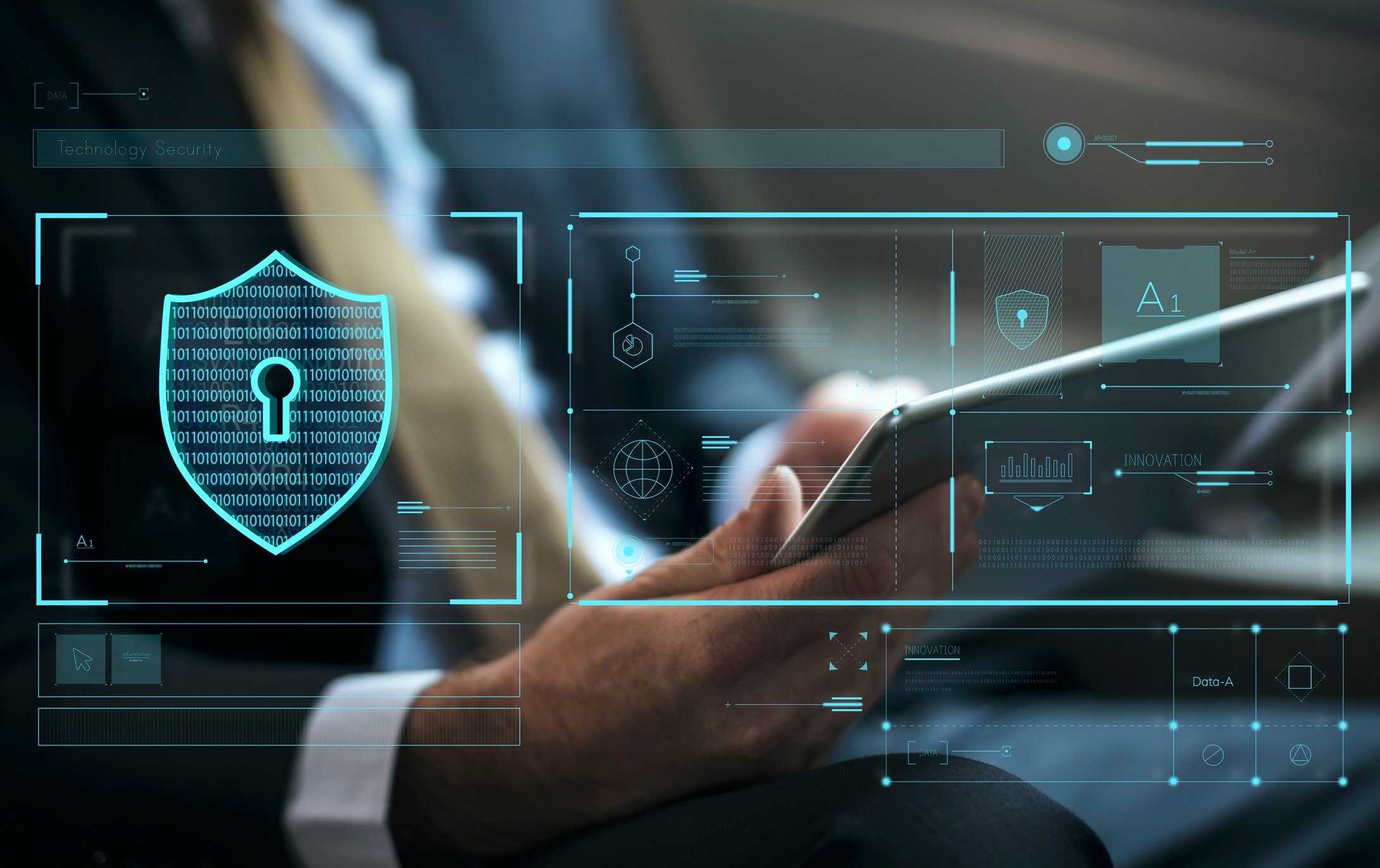 A digital depiction of access management software securing a person's tablet that's connected to the cloud. 