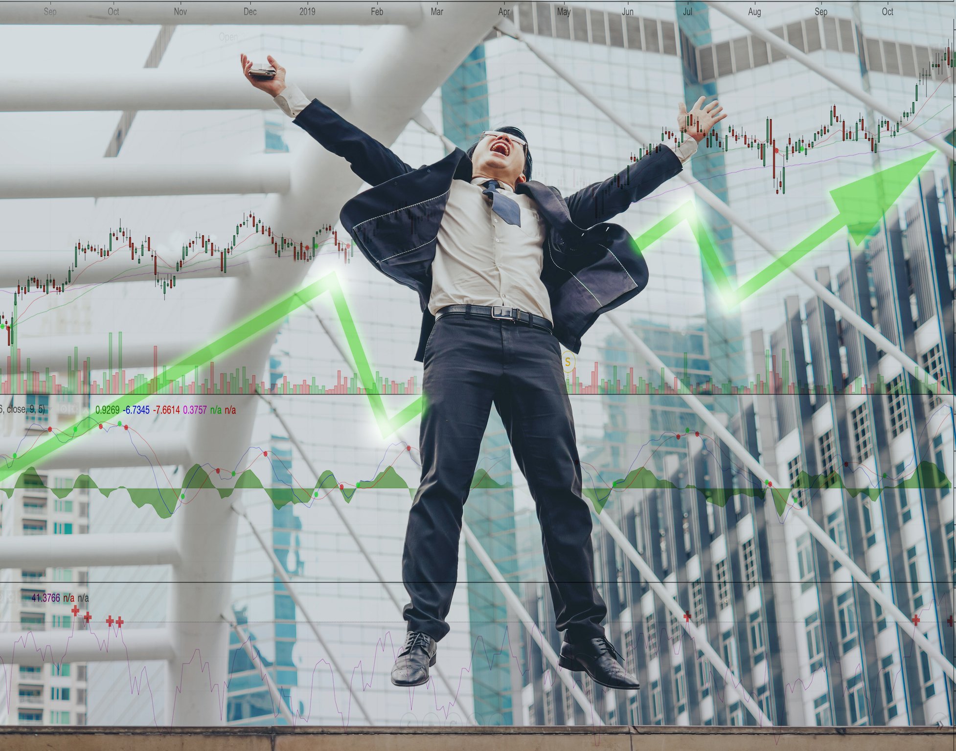 Investor appears to defy gravity while celebrating stock gains.
