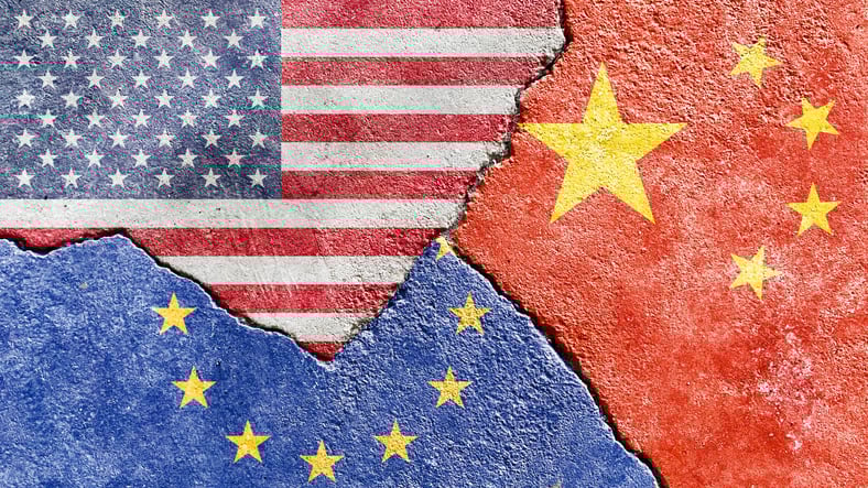 Flag representing China, U.S. and EU.