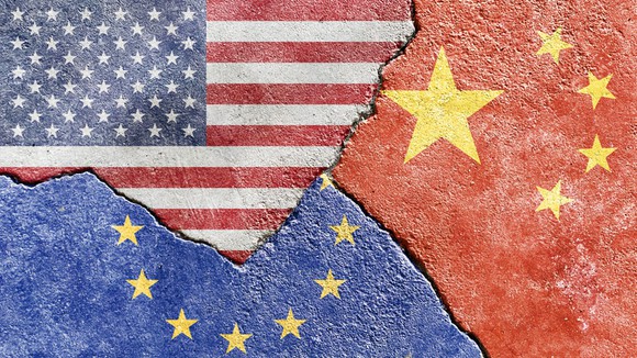 Flag representing China, U.S. and EU.