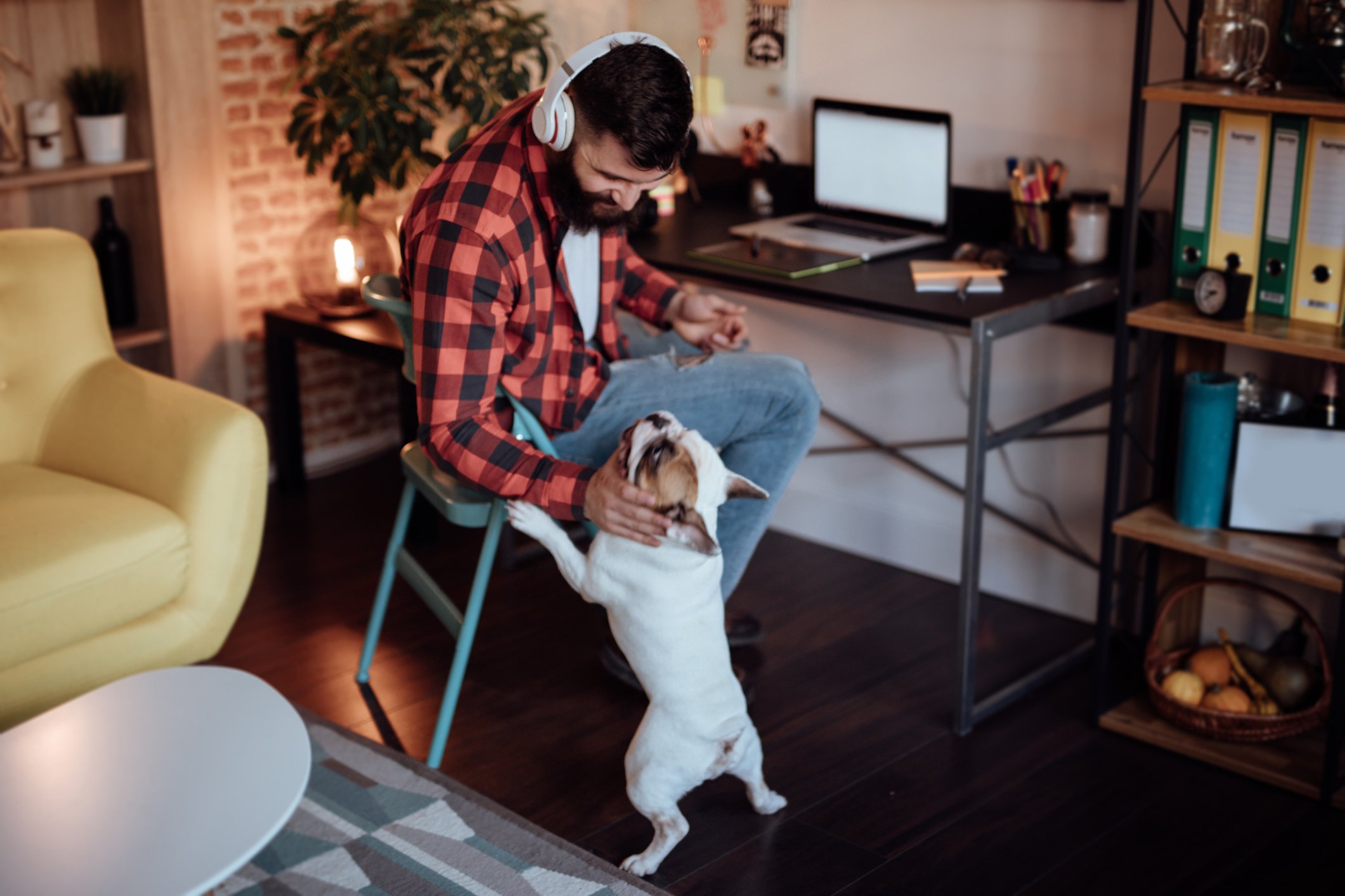 Happy freelancer playing with their dog while working.