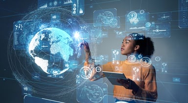 Virtual earth with woman holding iPad