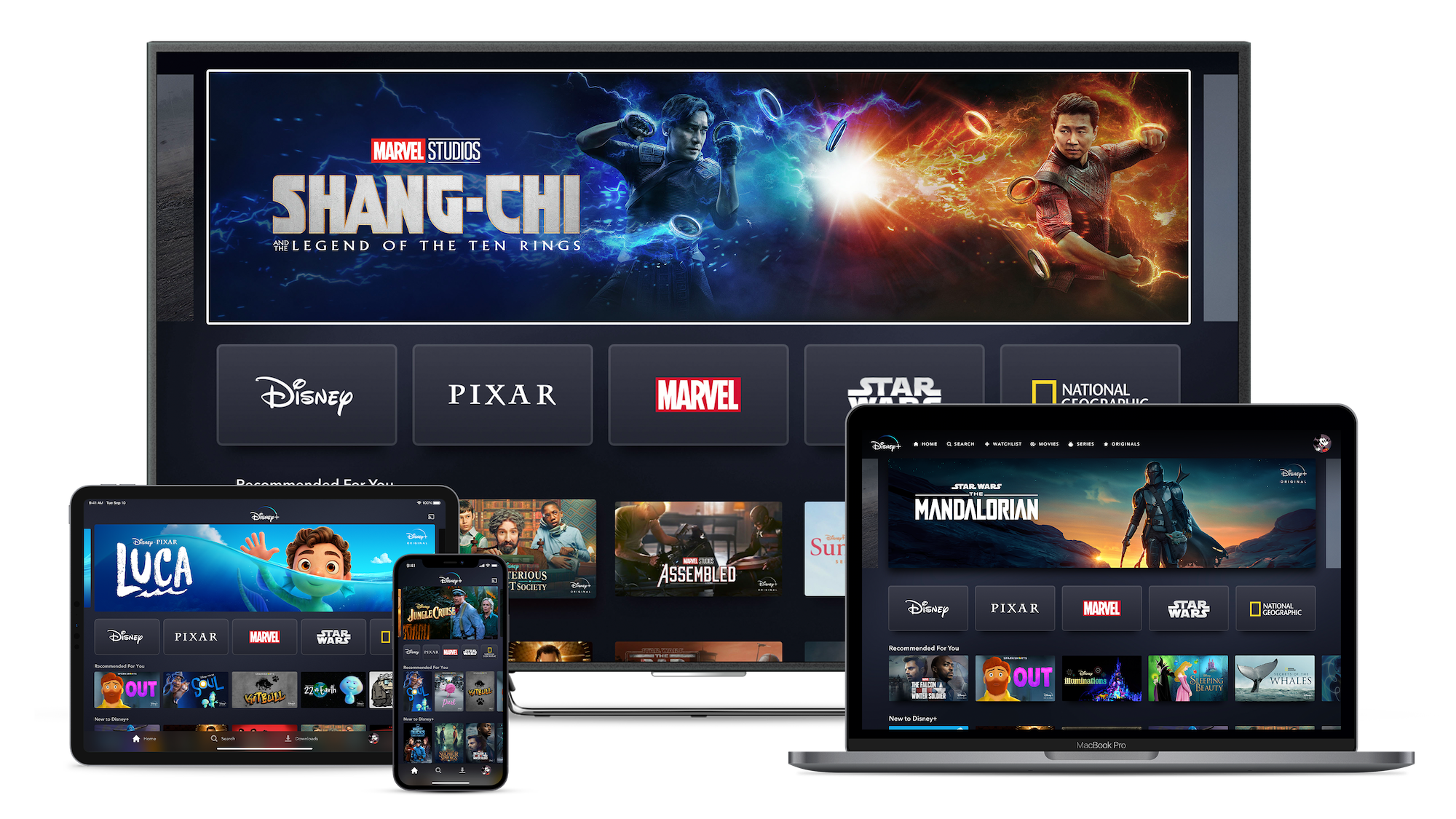 Disney+ homescreen displayed on a tablet, phone, TV, and laptop.