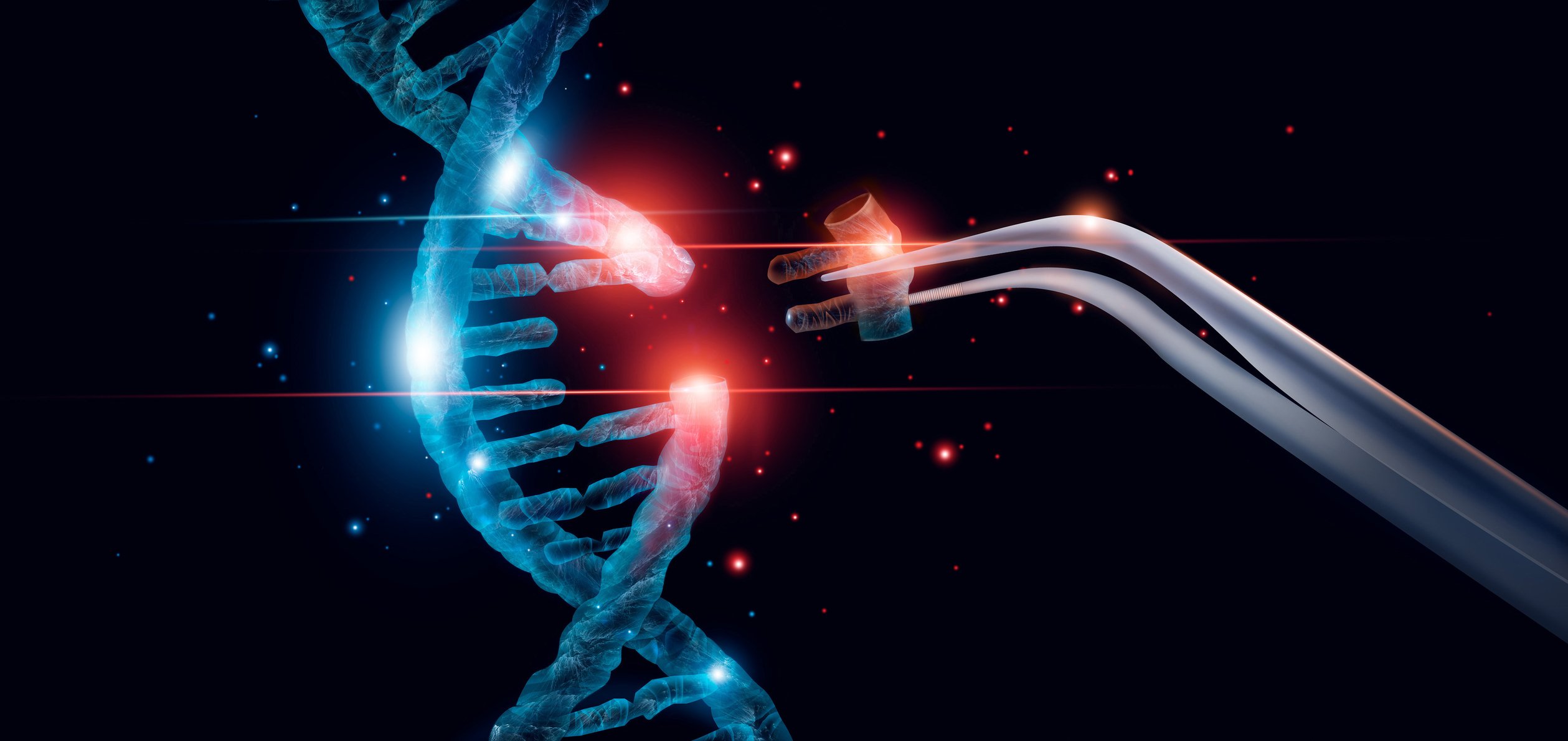 Artist's rendition of a section of DNA being removed with angled tweezers.