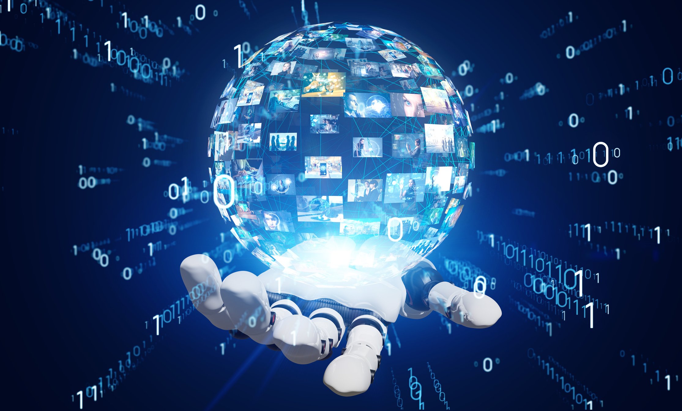 A robotic hand holds a ball of video images, surrounded by digital numbers.