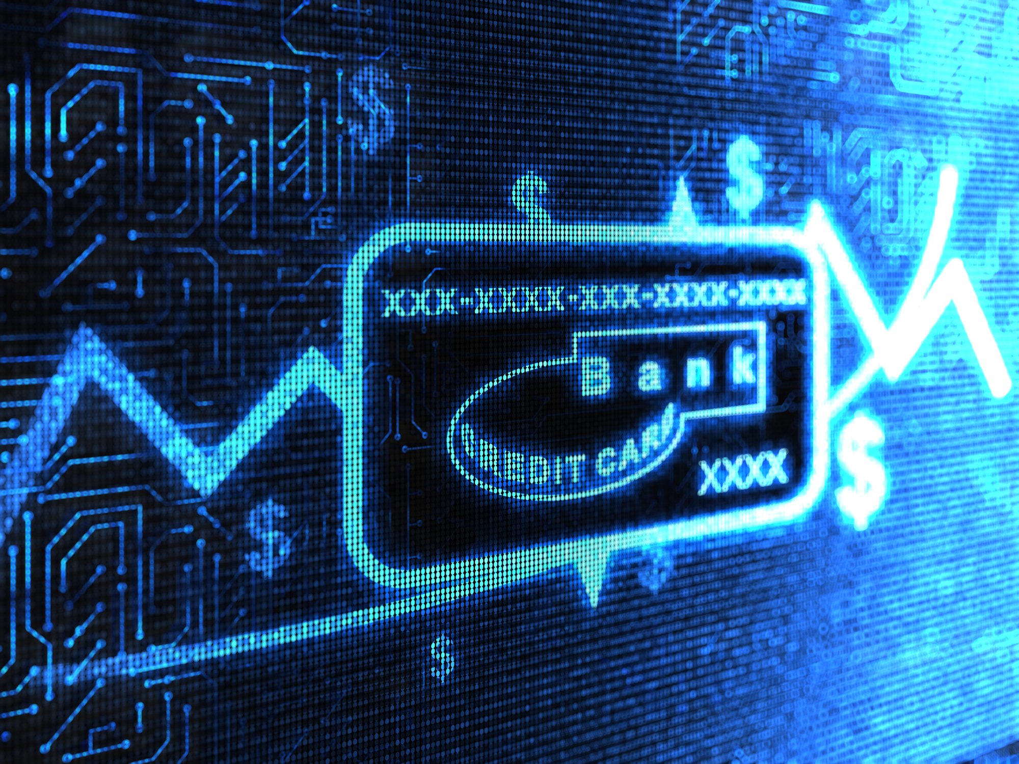 Graphic of a digital credit card in blue light.  