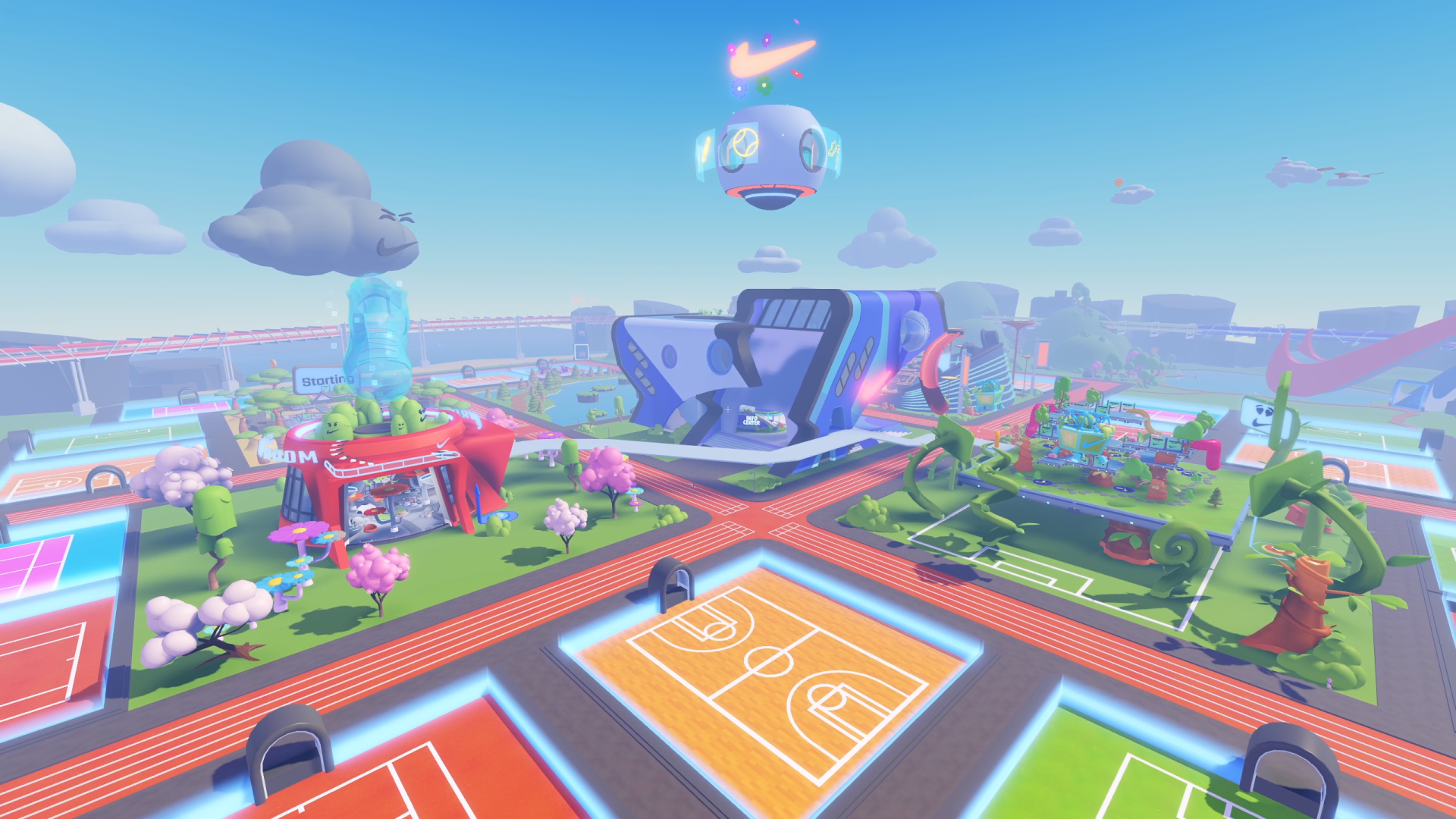 A colorful virtual environment with the Nike logo floating in the sky.