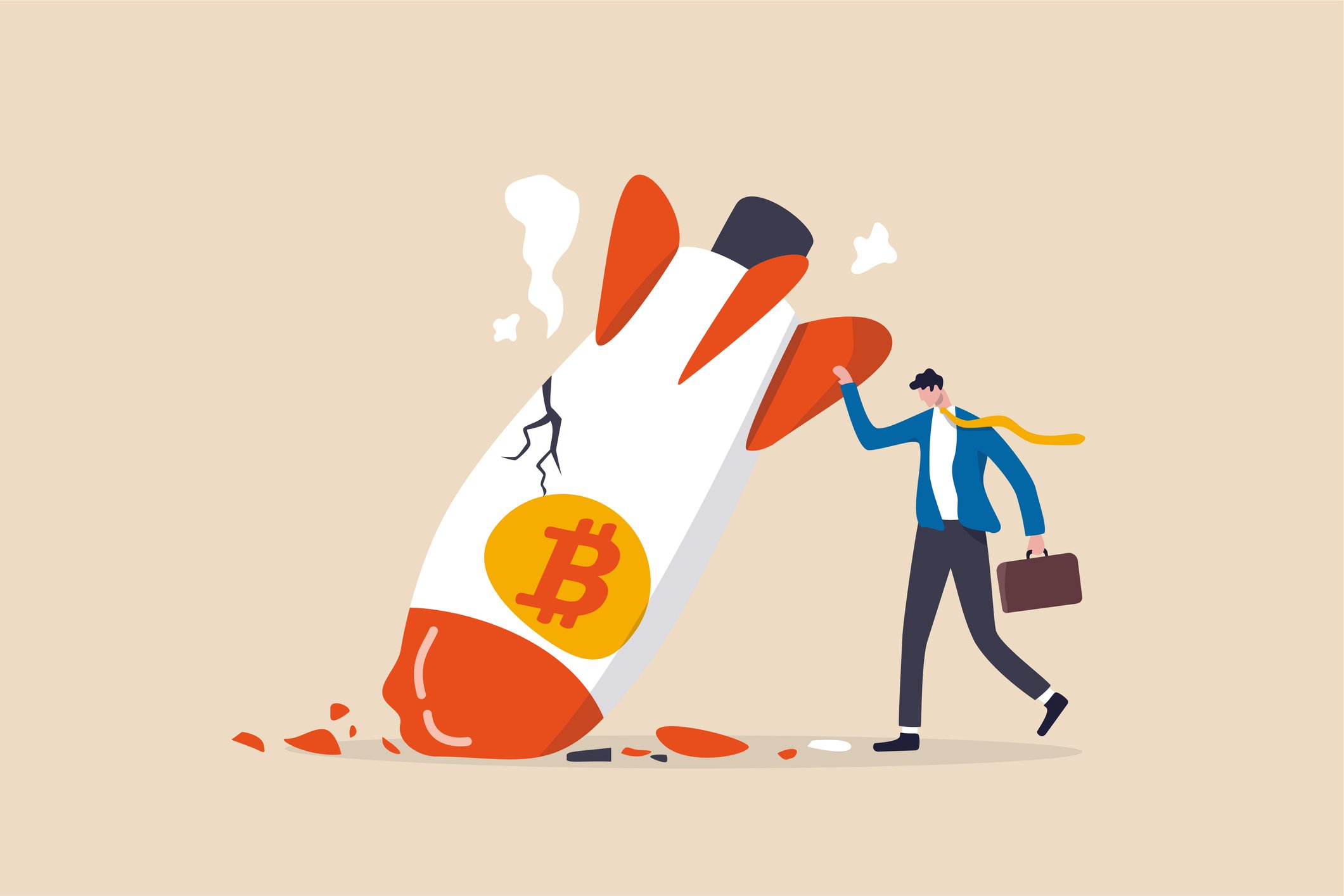 A rocket with the Bitcoin logo crashing to the ground.