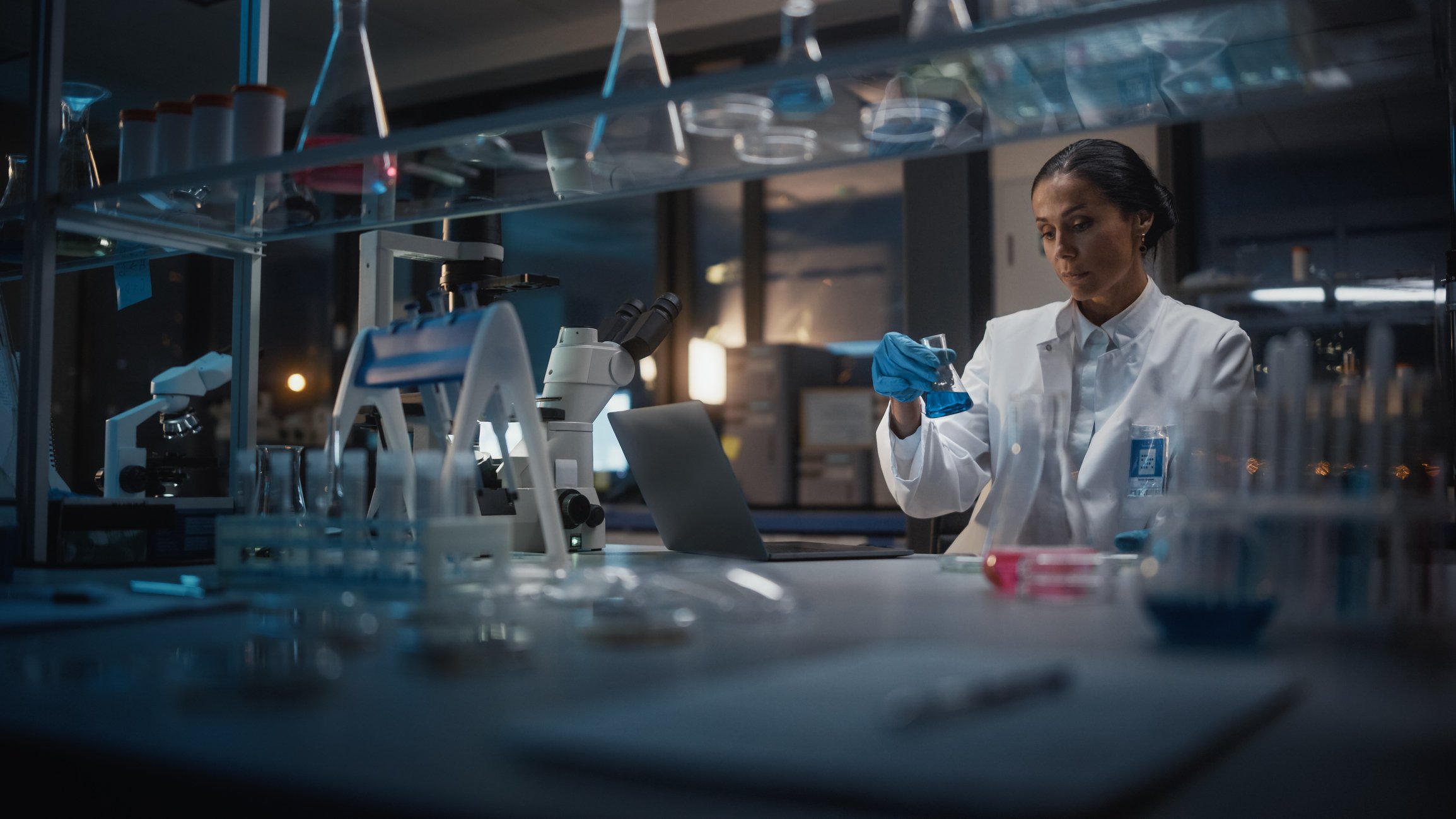 Scientist at work in a biotechnology laboratory.