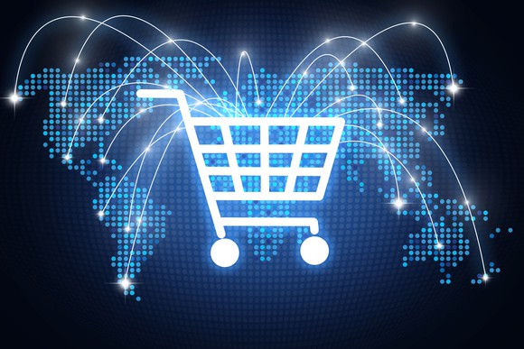 A digital shopping cart located over Africa is being supplied with goods from around the world. 