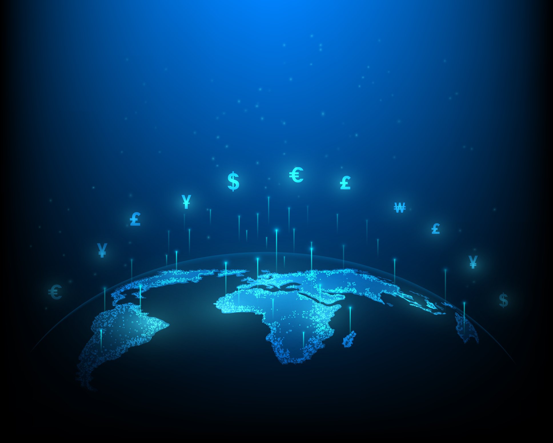 A graphic of a globe with various currency icons floating above.