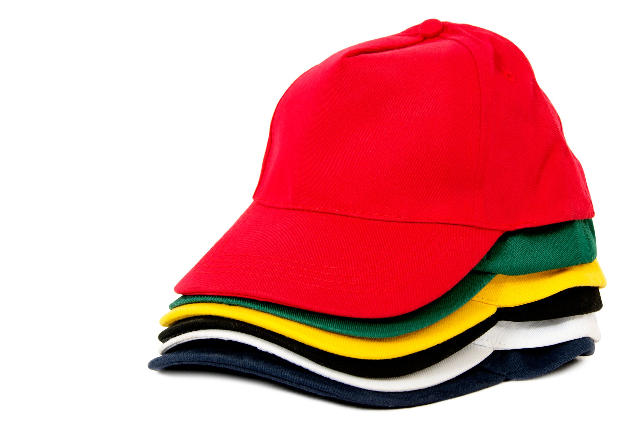 Five baseball caps stacked high