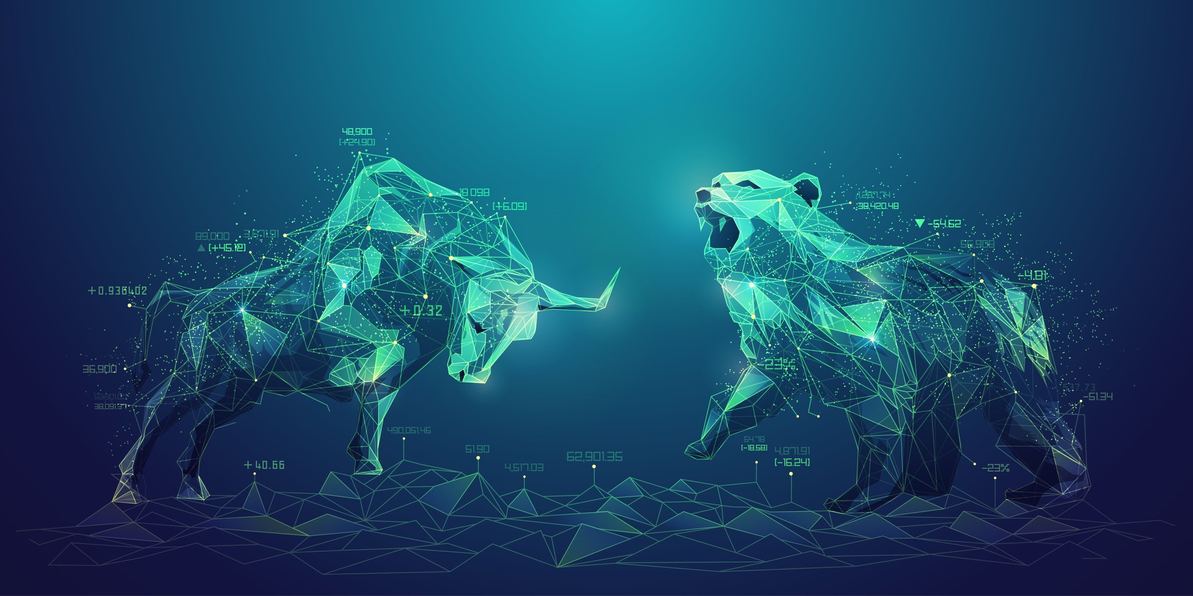 Digital renderings of a bull and a bear, facing off in a fight.