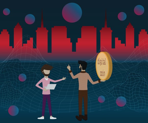 Two people stand in front of a cityscape, one holds a coin labeled digital coin.