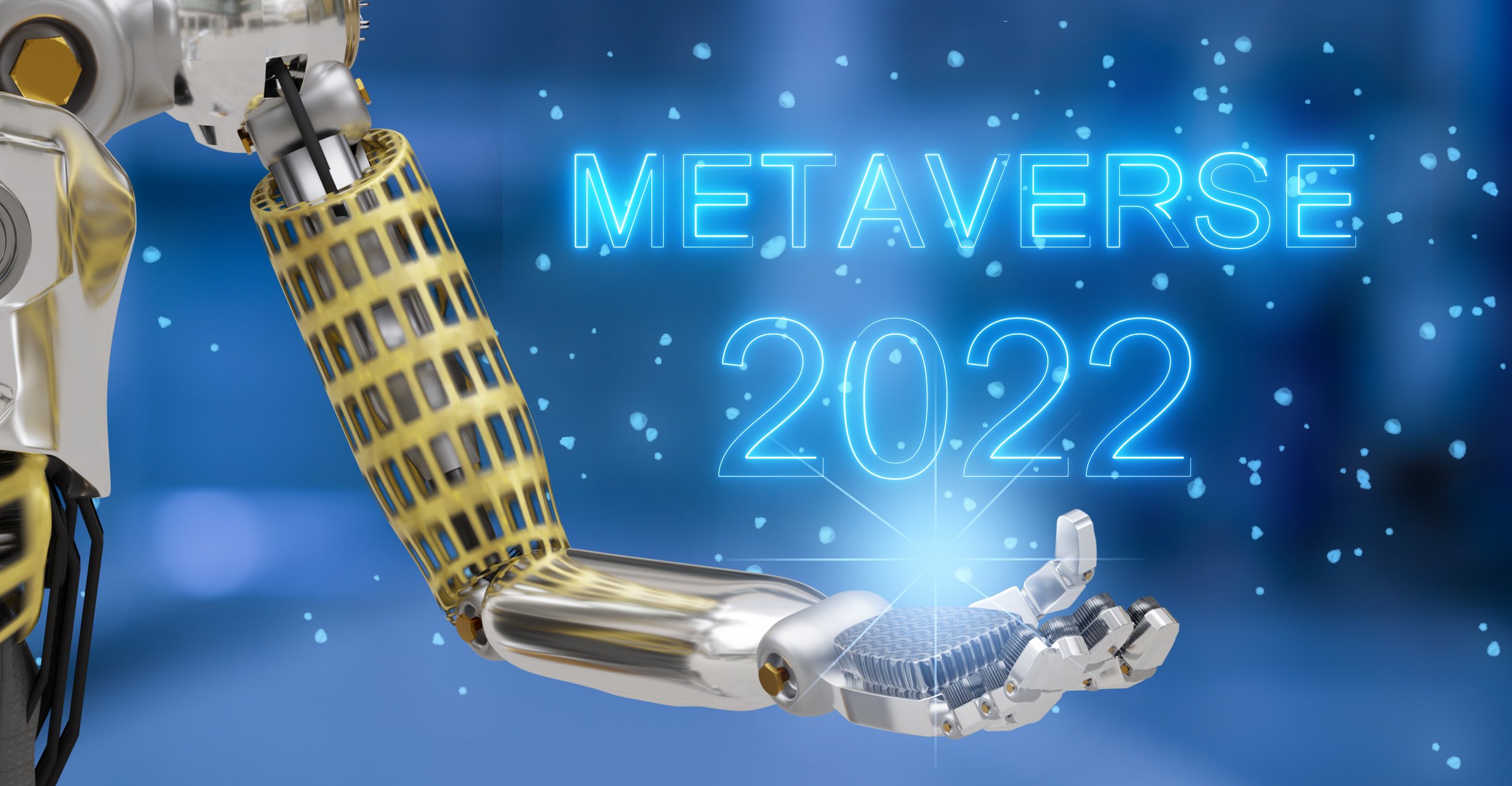 Robot avatar arm against a background of stars and the words Metaverse 2022.
