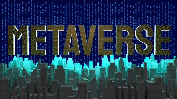 There's a city skyline at the bottom of the image with the word metaverse floating above it.
