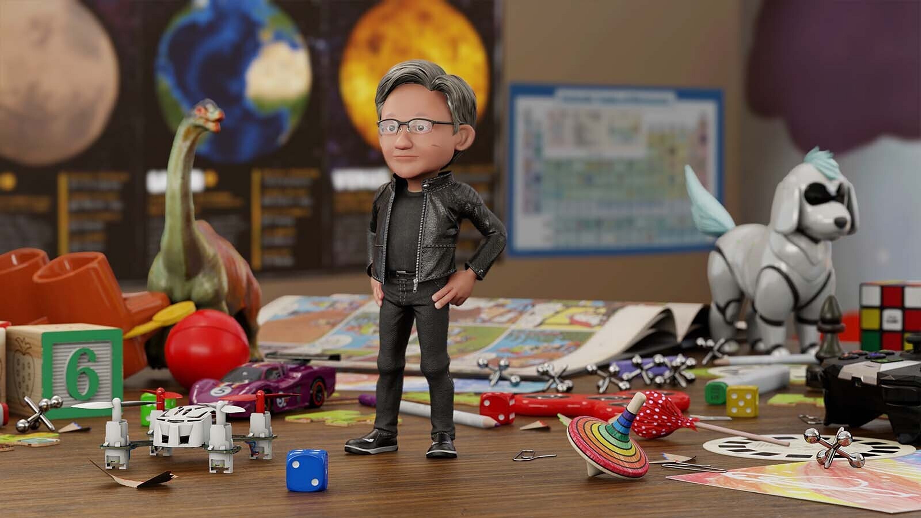 A figurine of Nvidia CEO Jensen Huang on a desk filled with toys.