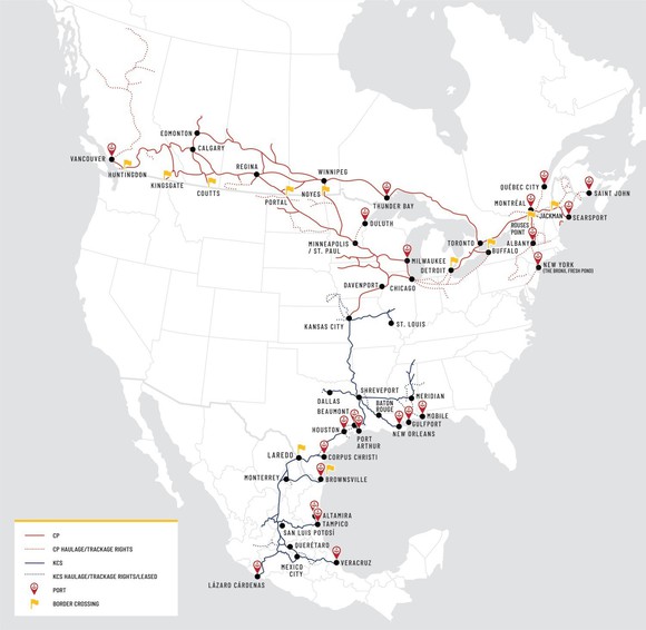 A look at the combined route map, showing the company's reach into Mexico and from the Atlantic to the Pacific across Canada.