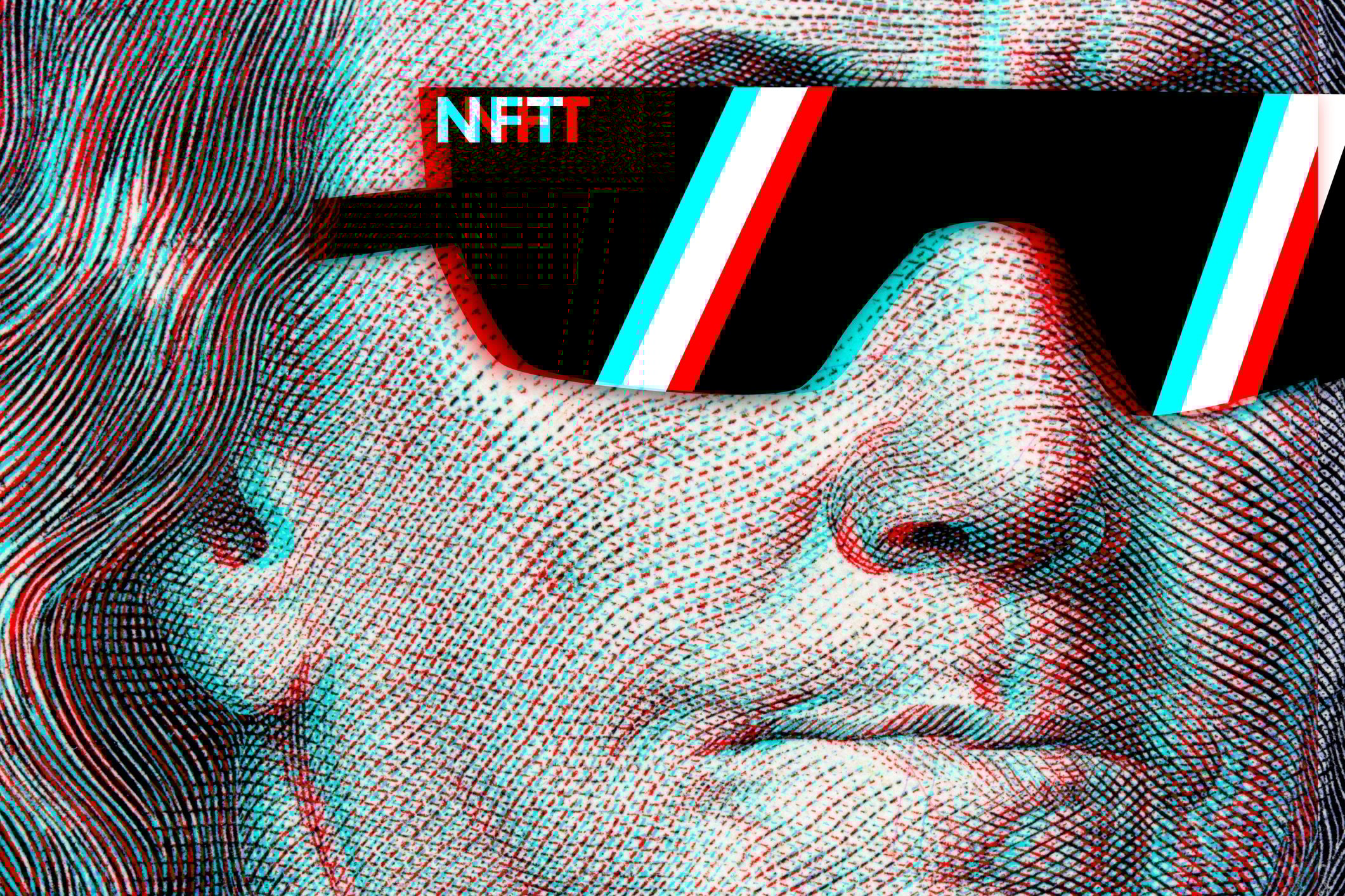 A closeup of Benjamin Franklin wearing sunglasses with the letters "NFT" on them.