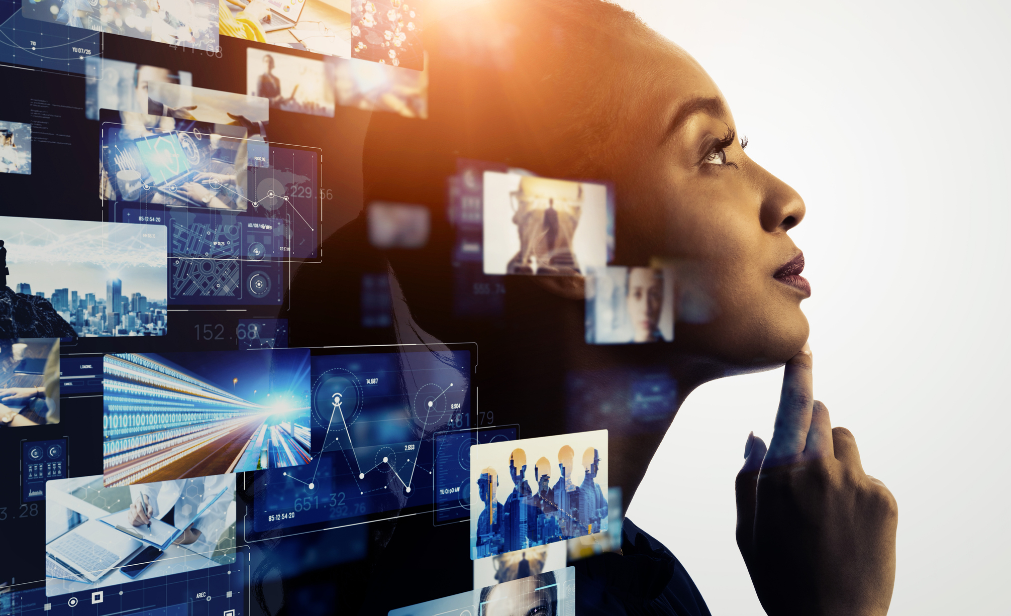 A woman looks off into the distance as if thinking while a stream of images is arrayed behind her as if she were imagining them