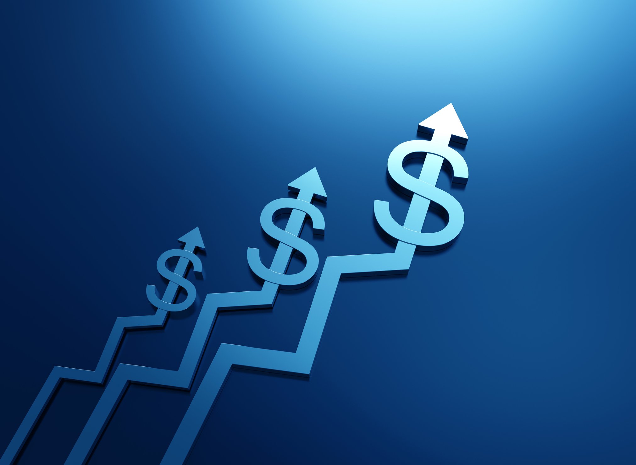 Three lines with arrows and dollar signs trending up against a blue background.