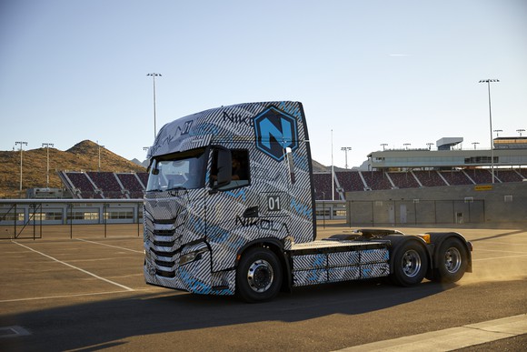 Nikola Tre battery electric truck being tested on track. 