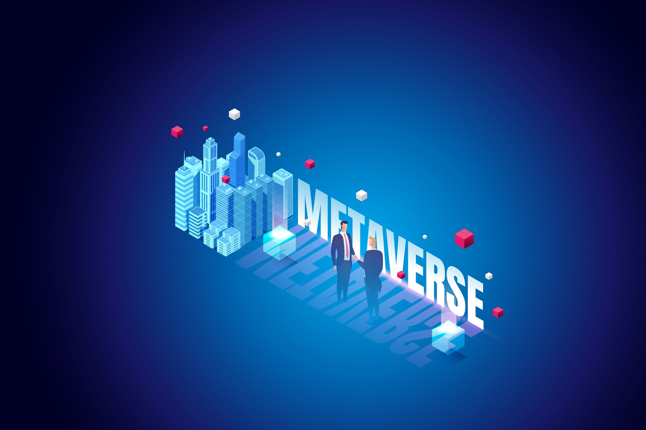 Two people shake hands in front of the word metaverse, and a virtual city is to the left of them.
