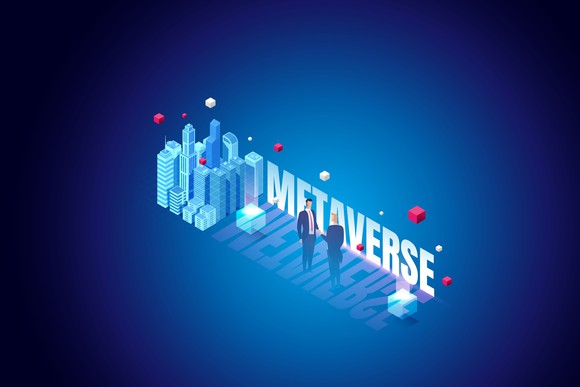 Two people shake hands in front of the word metaverse, and a virtual city is to the left of them.