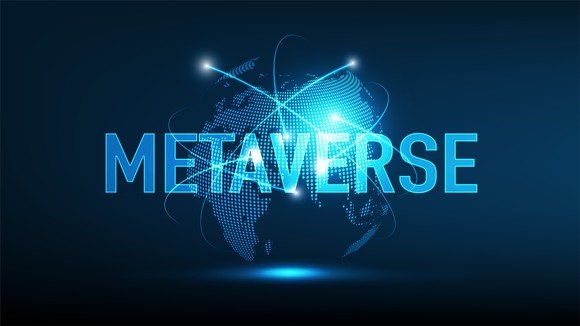 A stylized globe is in the center of the frame with the word metaverse in front of it.