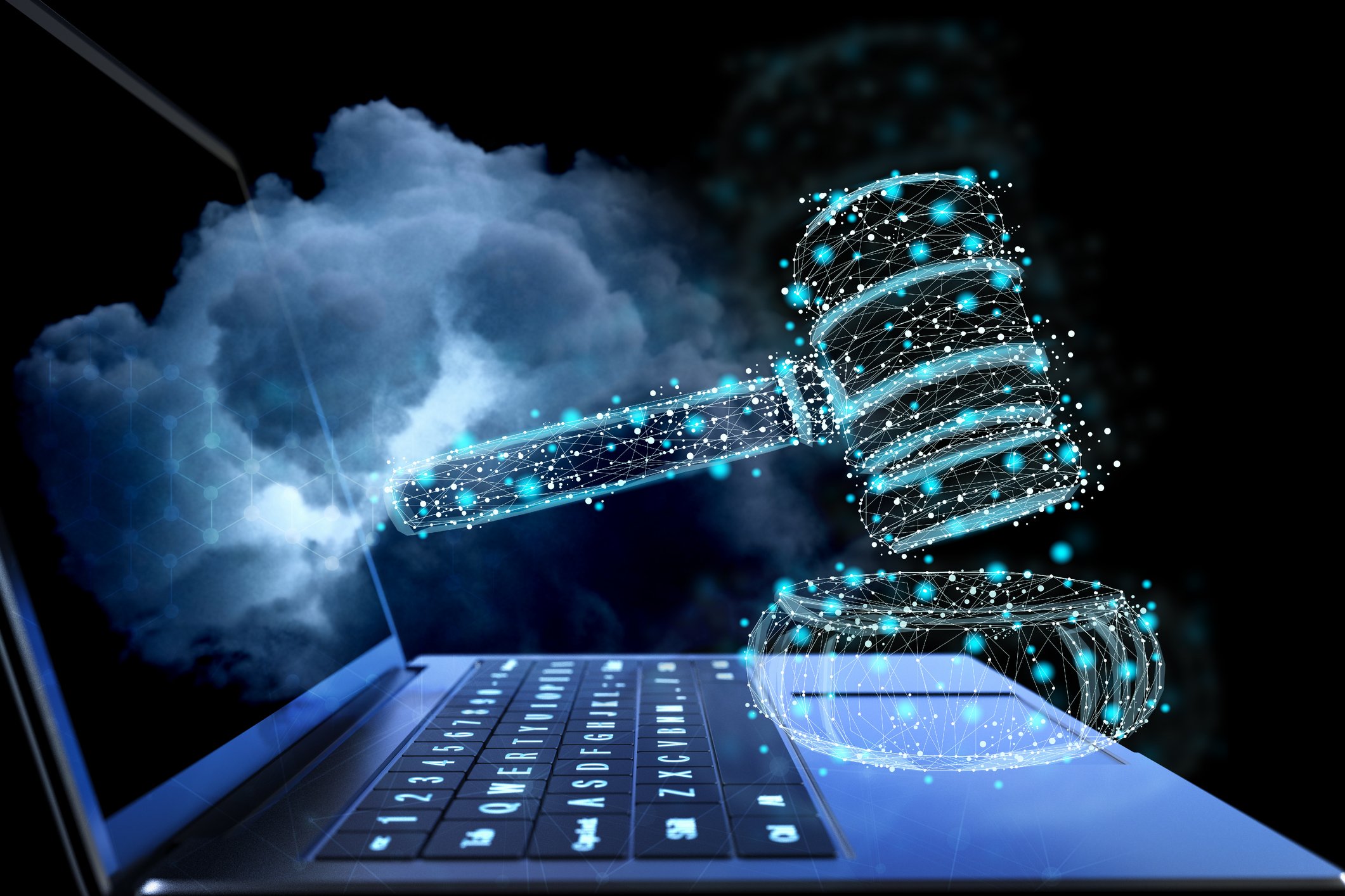 A cloudy hand reaches out from a laptop screen to bang a digital judge's gavel.