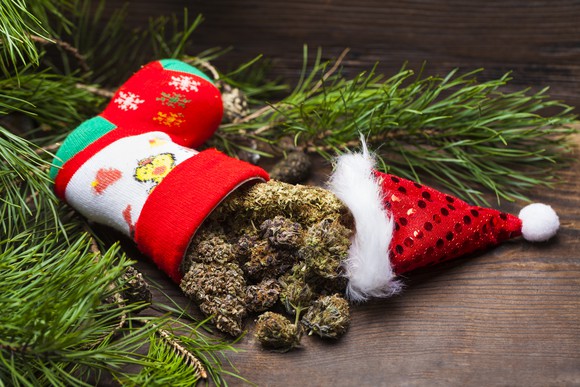 Marijuana in stocking with Santa hat.