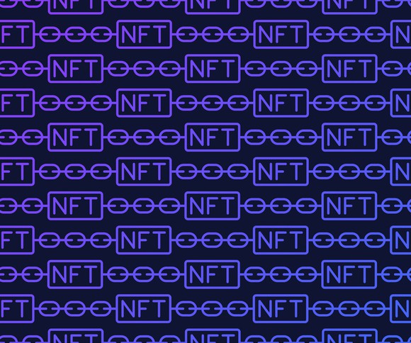 Picture of digital chain that says NFT in middle of chains.