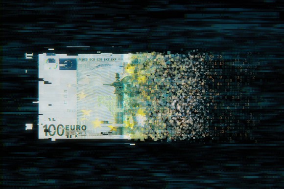 Euro bill splitting up into digital pixels.