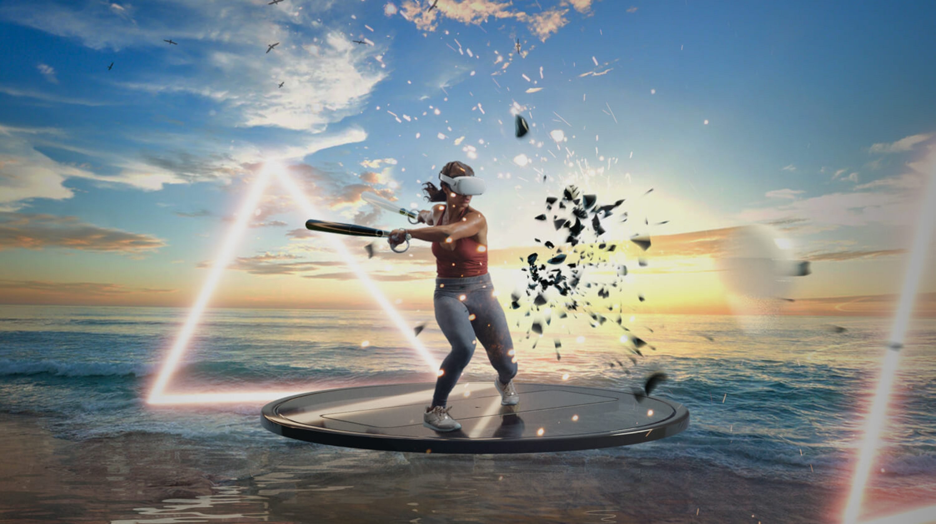 A person plays a game with an Oculus Quest 2 headset.