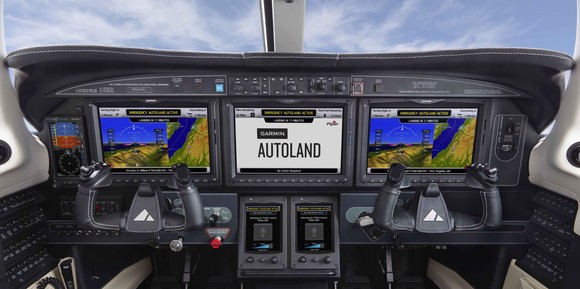 small plane cockpit with Garmin's autoland technology featured.