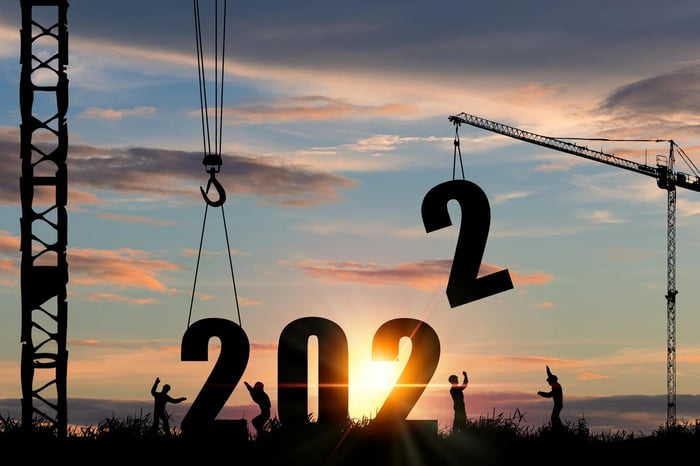 Cranes putting the numbers 2022 into place.