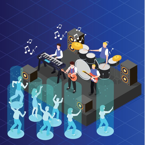 Artist rendering of a virtual concert, with a band and an audience.