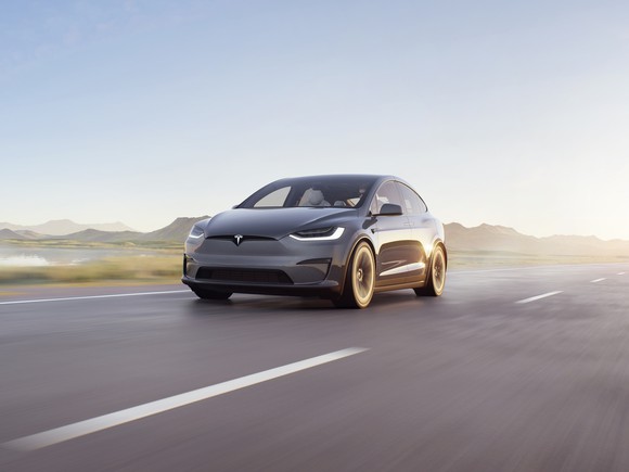A Tesla Model X on the road.