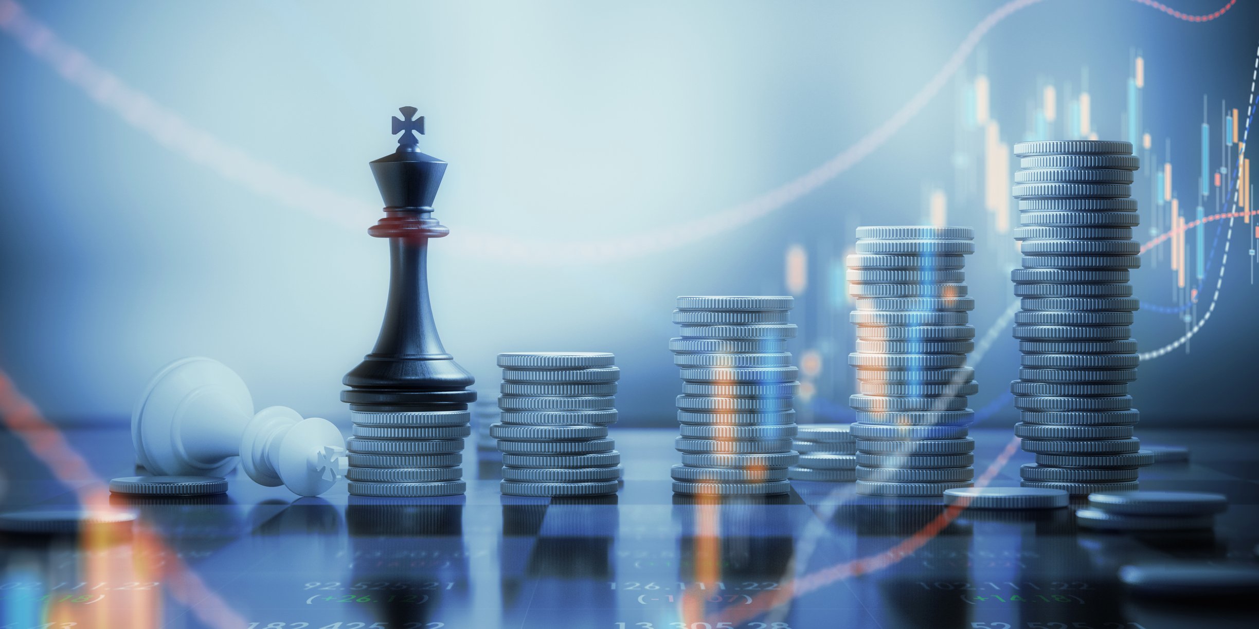 A rising stack of coins with a king chess piece.