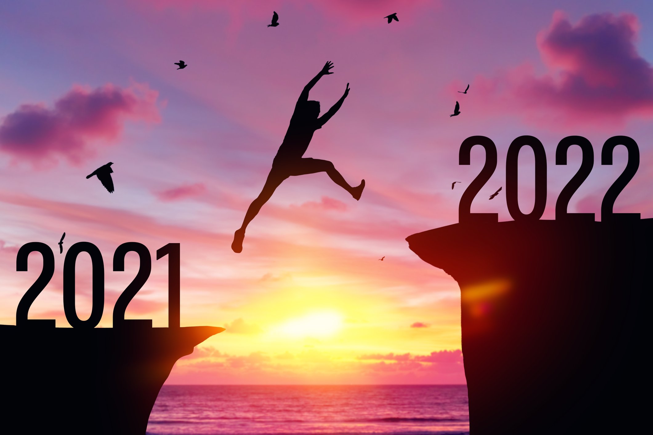 A silhouette of a person jumping from a cliff that reads "2021" up to a cliff that reads "2022" in front of a backdrop of flying birds and a sunset on a beach.