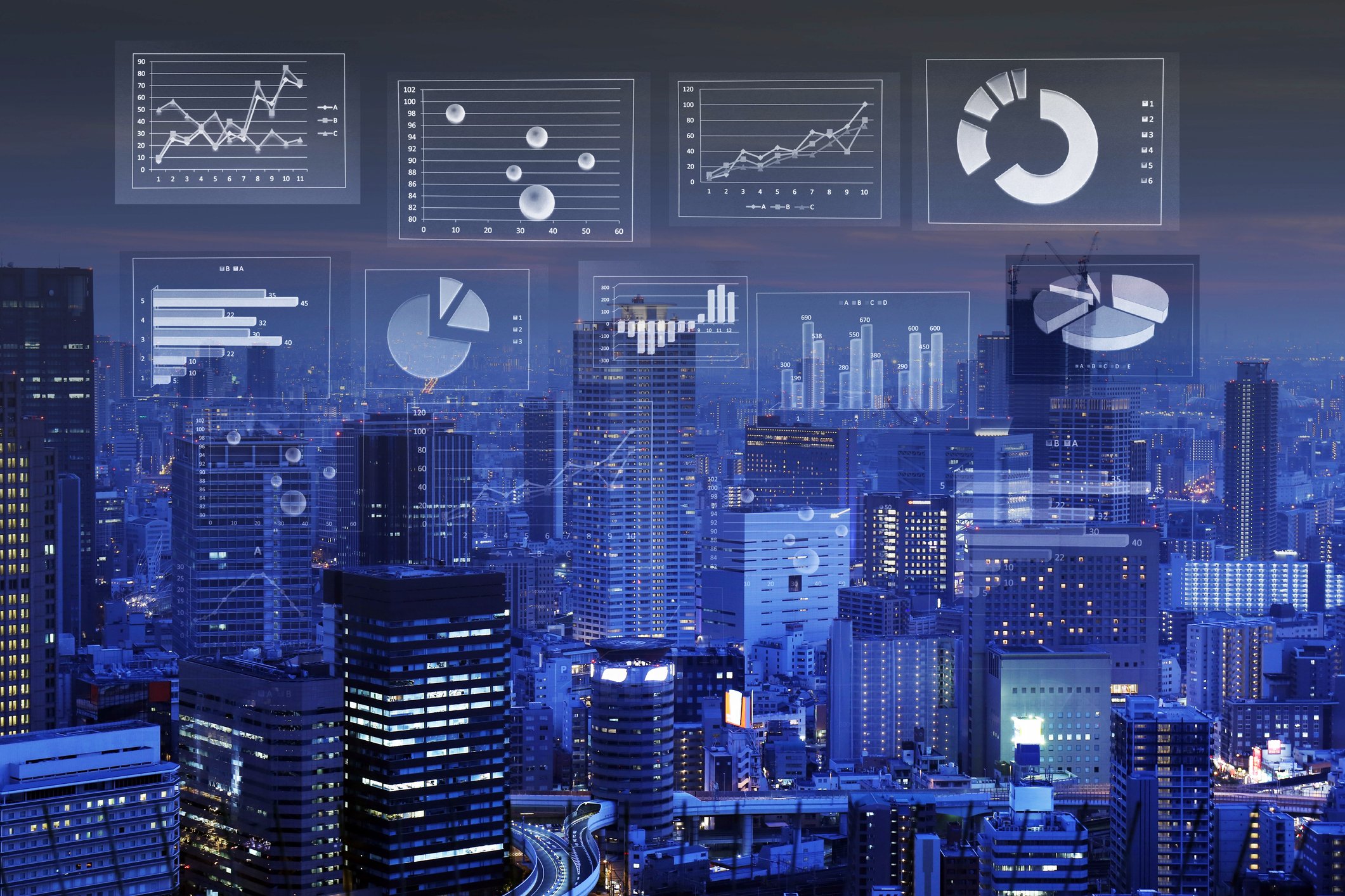 Several graphs superimposed over a city skyline.
