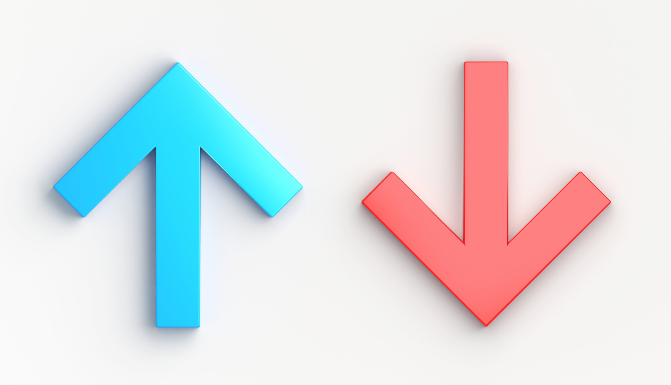Blue arrow going up next to red arrow going down.