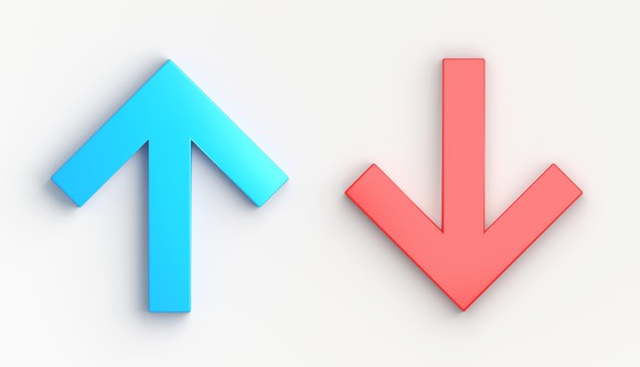 Blue arrow going up next to red arrow going down.