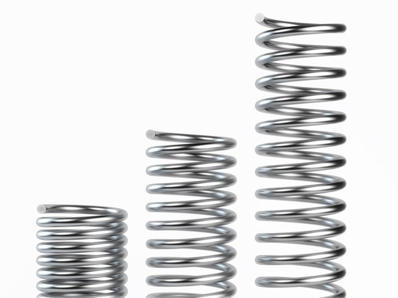 A coiled spring, a partially coiled spring, and an uncoiled spring. 