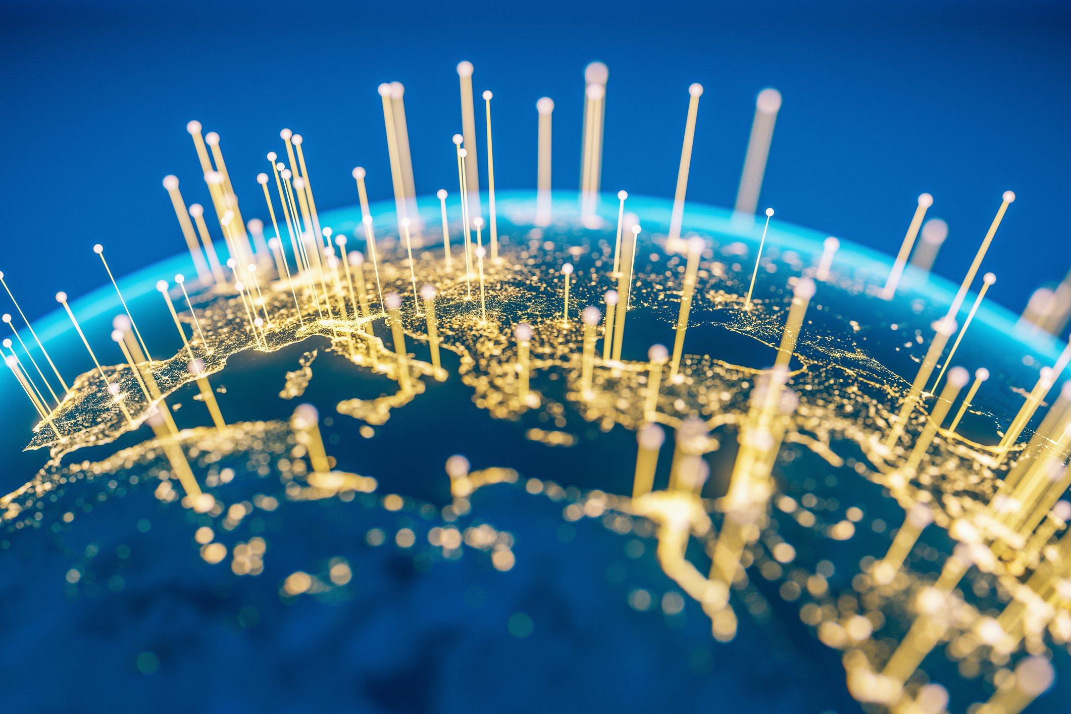 A globe with several digital beams shooting up out of major areas.