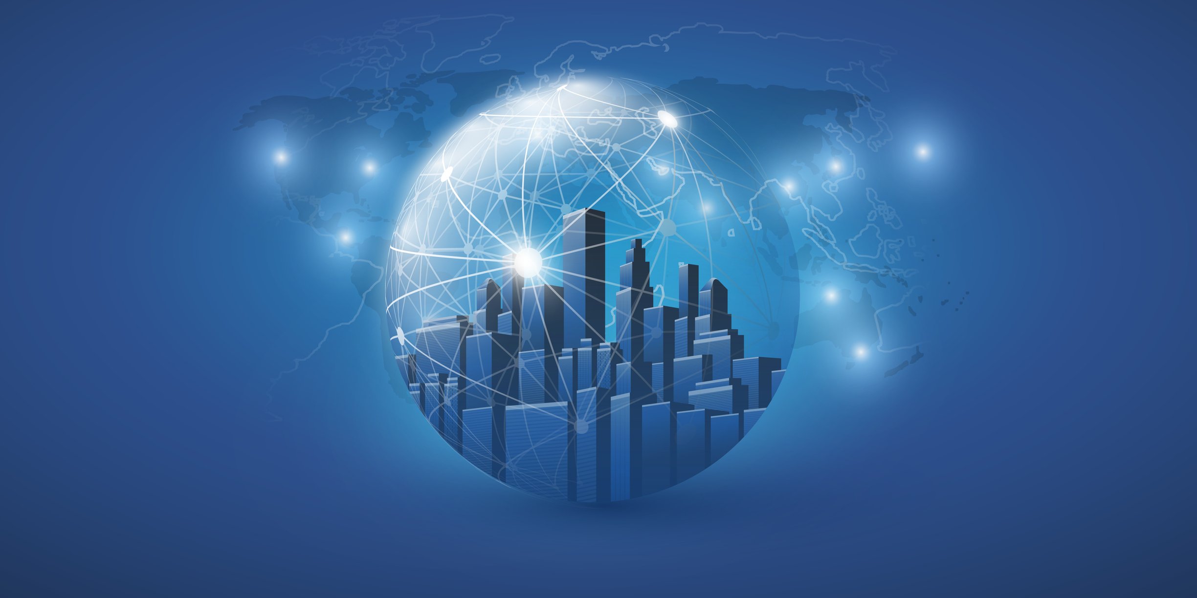 A city skyline inside a bubble, set over top a map of the Earth.