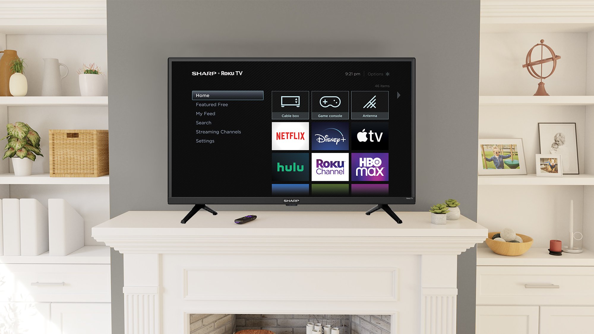 A Roku smart TV on a mantel.